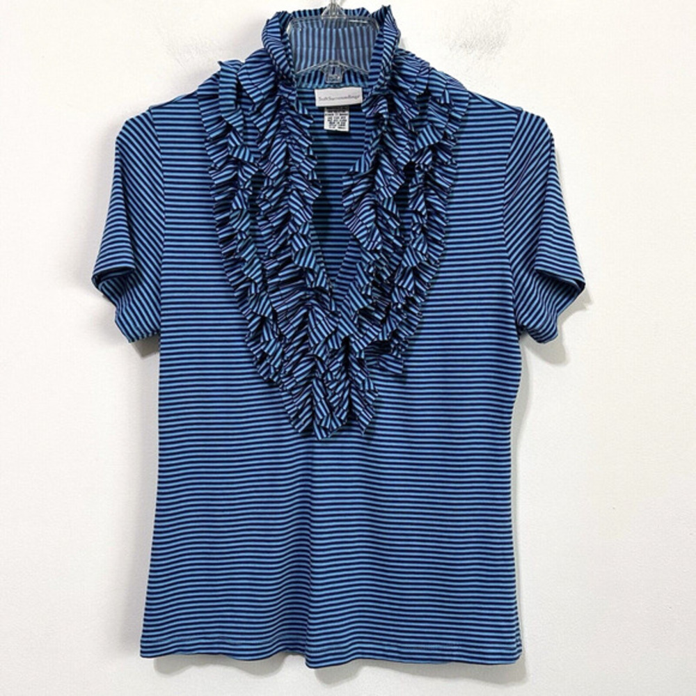 Soft Surroundings Ruffled Neck Top Tee S Stripes Blue Jersey Short Sleeve V Neck